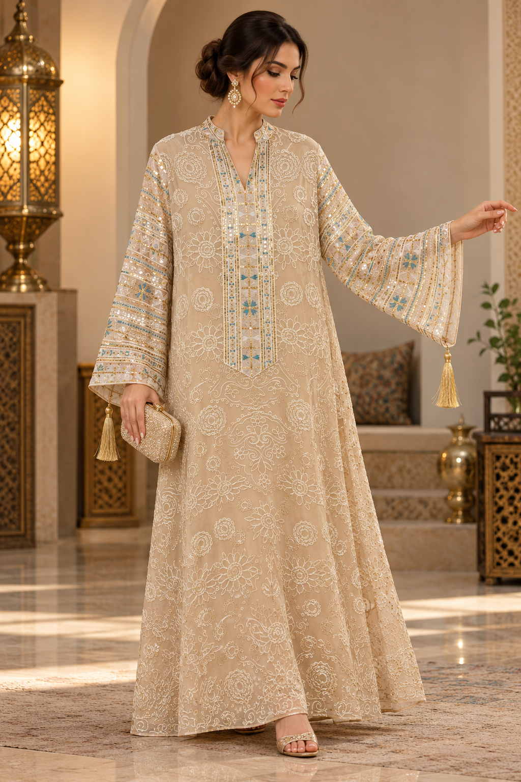 Woman in a beige jacquard kaftan with an embroidered front panel and wide bell sleeves