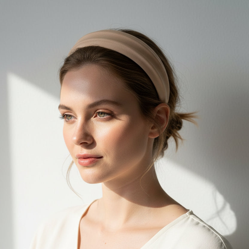 Beige matte headband styled with a low bun and sunlit shadows