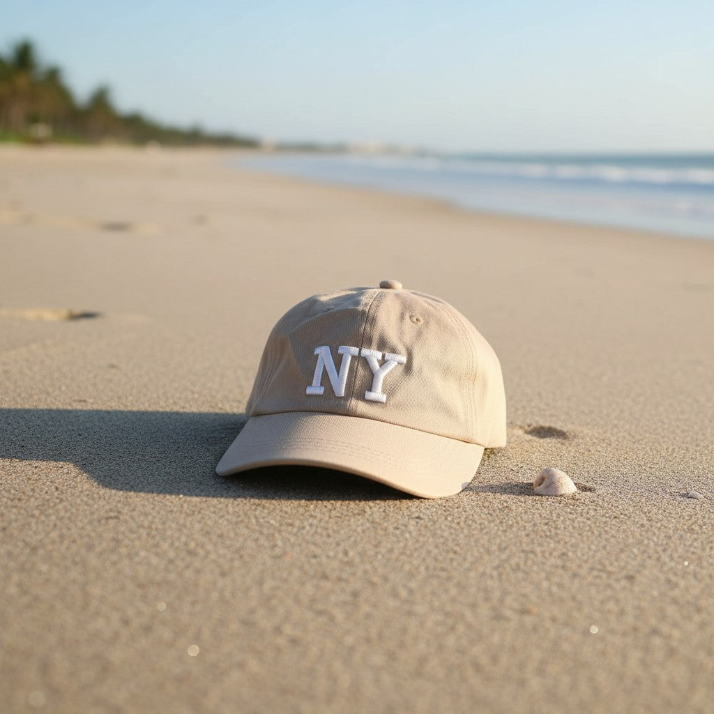Beige embroidered cotton cap on a quiet beach with a small seashell