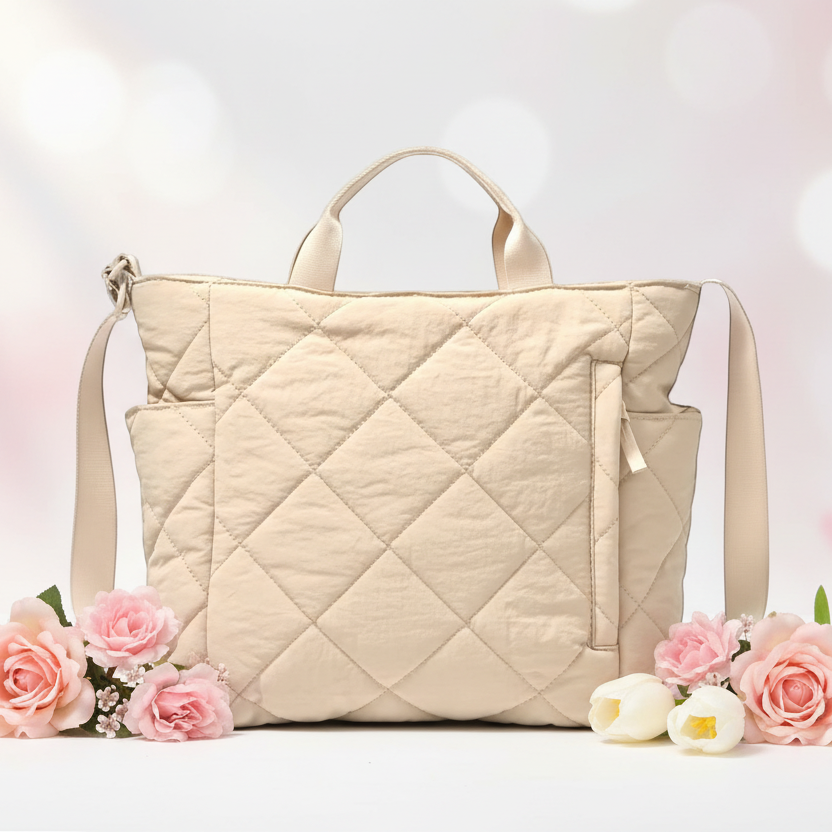 Beige quilted handbag with flowers on a soft pink background