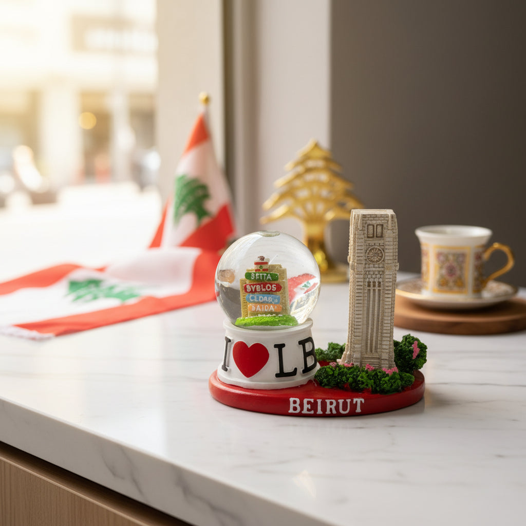 Snow globe with Lebanese signposts and a flag beside a clock tower on a red Beirut base