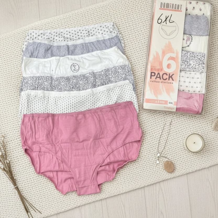 Plus size pink, grey and white briefs with dot and floral prints next to their pack