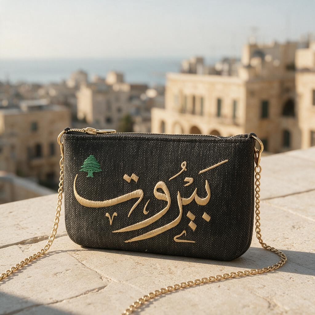 Black embroidered clutch with long gold chain draped across a rooftop, sandstone buildings and blue sea beyond