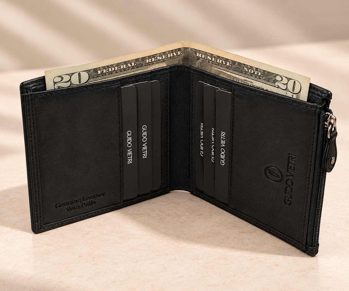 Dollar notes rise above upright card slots in a small black zip edged bifold