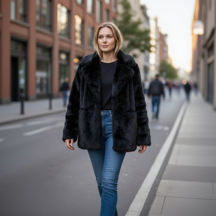 Woman wearing a black fur coat and blue jeans walking on a city street