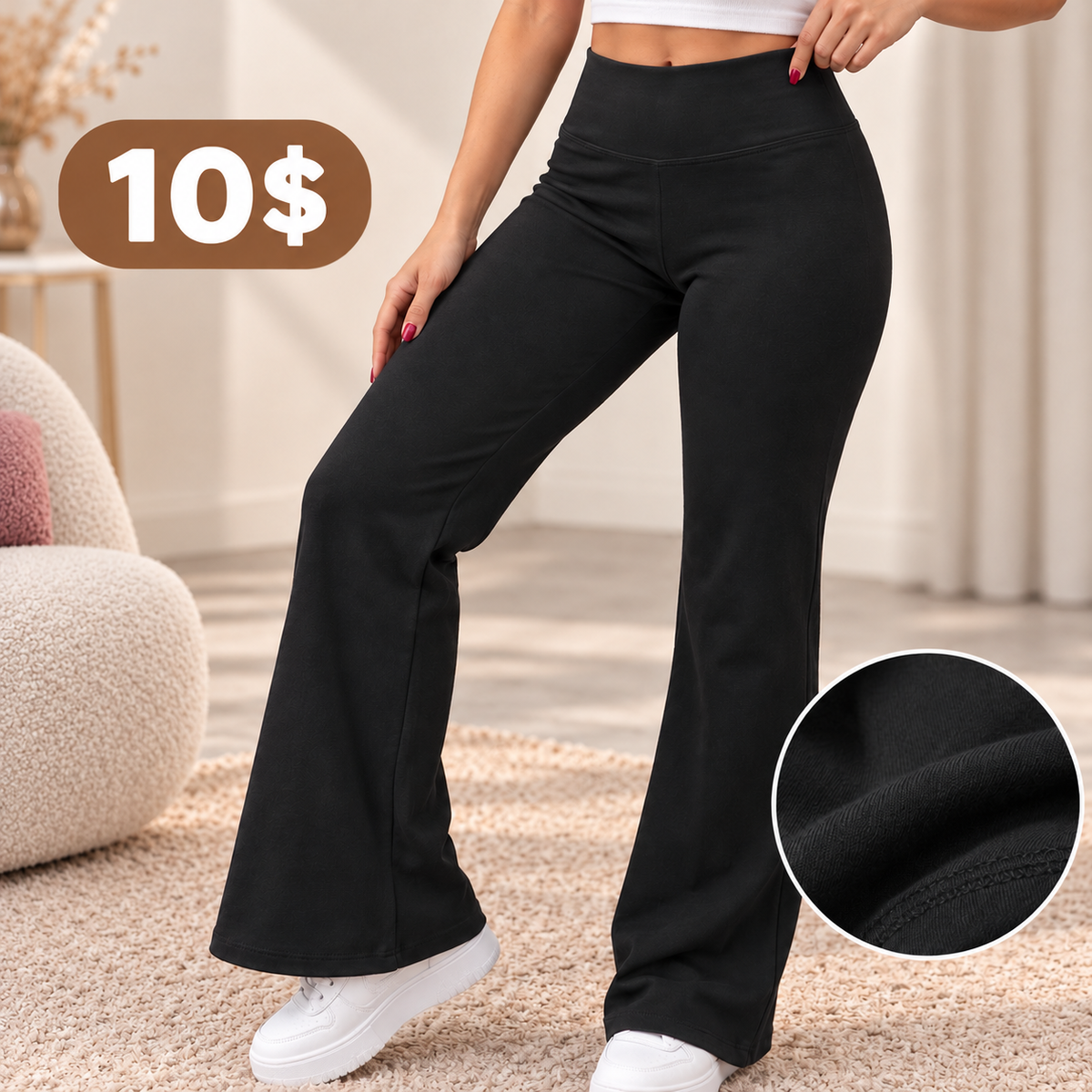 Black flare pants with a high crossover waistband worn with white trainers, with a soft fabric close up