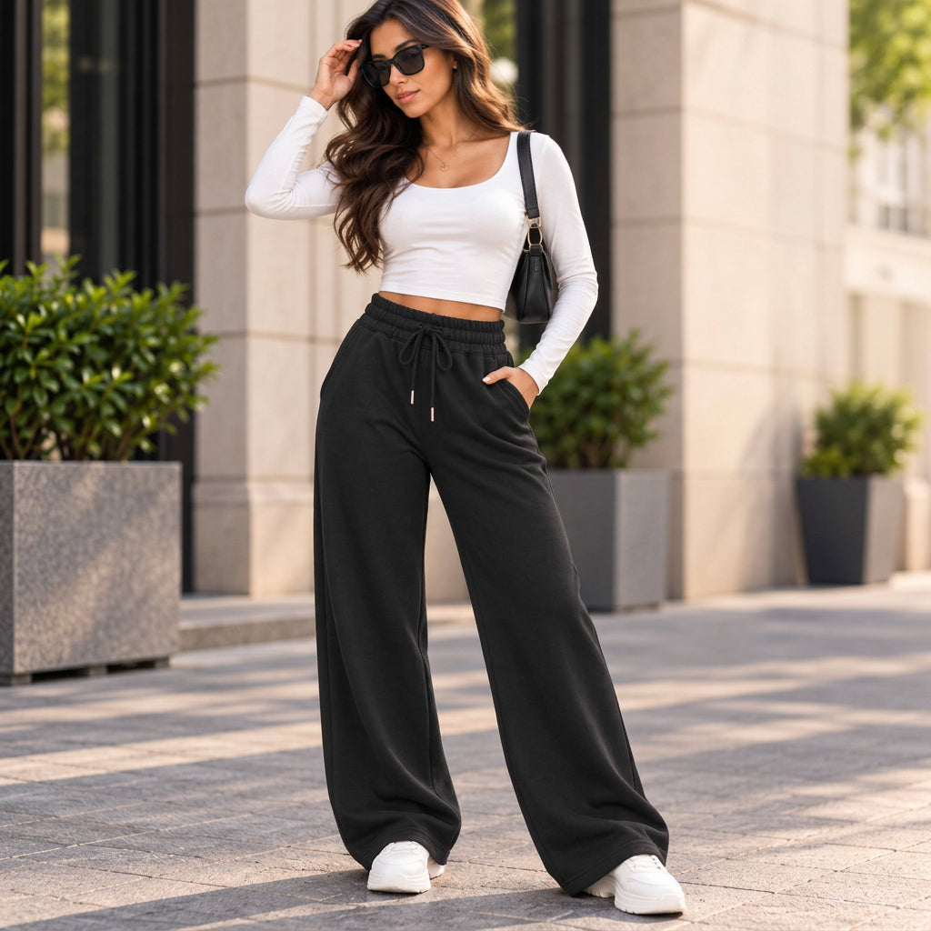 Woman in black wide leg sweatpants with an elastic waist and drawstring, a white crop top and white sneakers