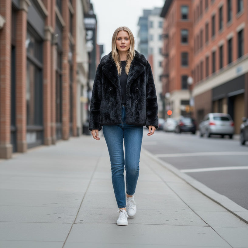 Woman walking on a city street wearing a black fur coat, blue jeans, and white sneakers