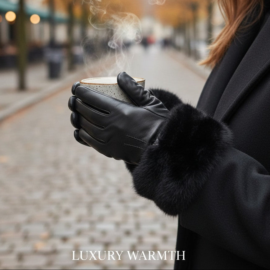 A person in a black coat holds a steaming cup with black leather gloves featuring a fluffy black fur trim