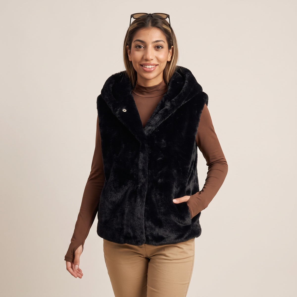 Black Fur Vest With Cap
