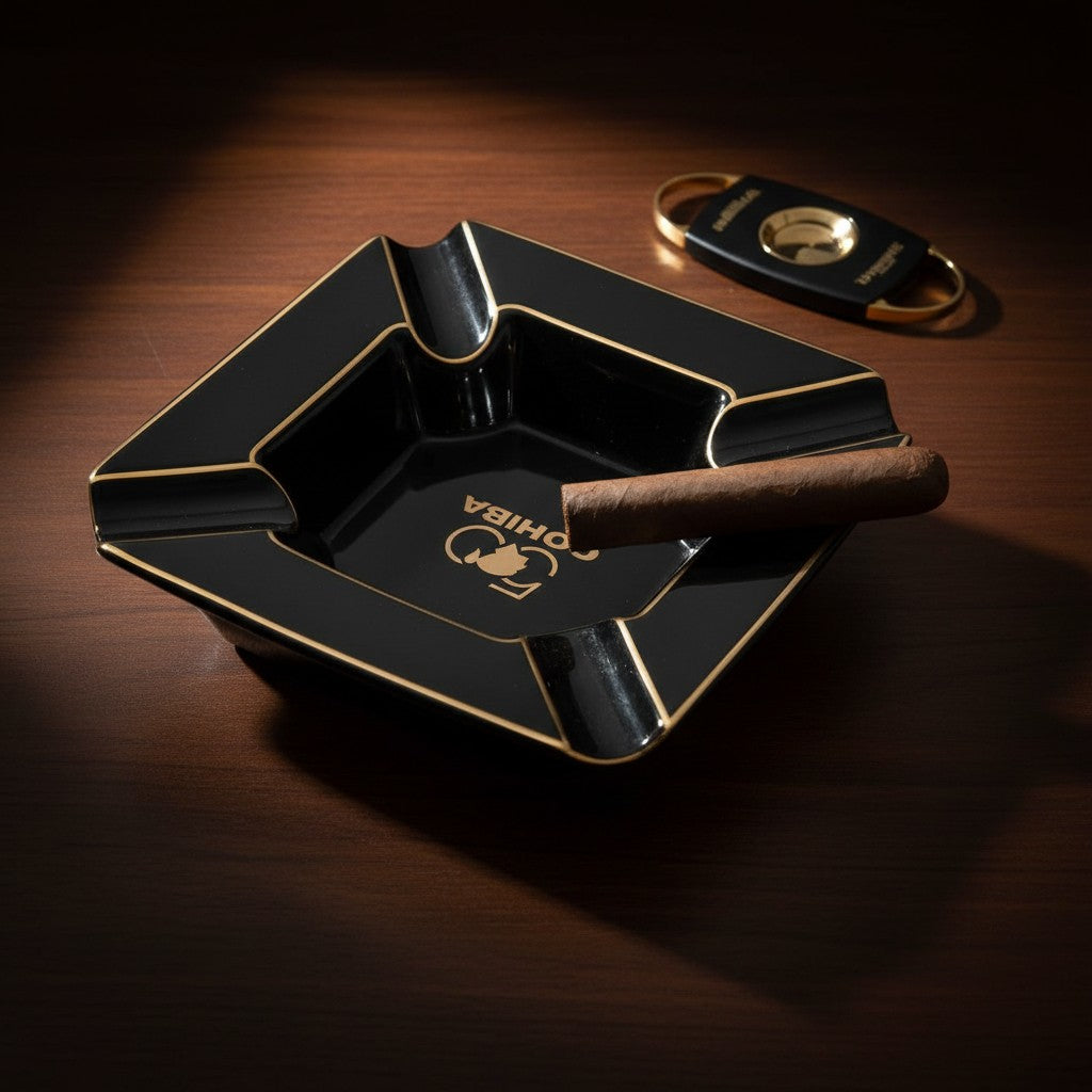 Glossy black square cigar ashtray with gold edges and a cigar resting in one corner