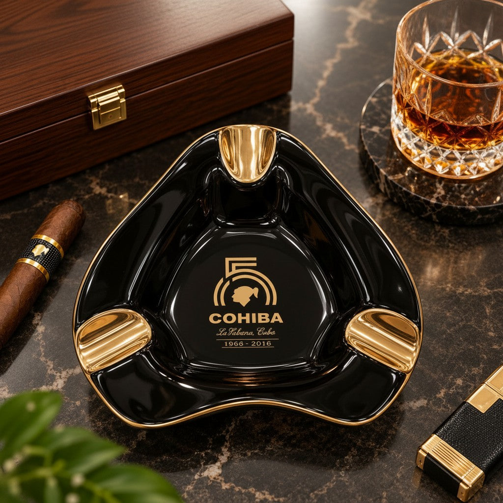 From above, the black wave ashtray on dark marble with a cigar and crystal tumbler
