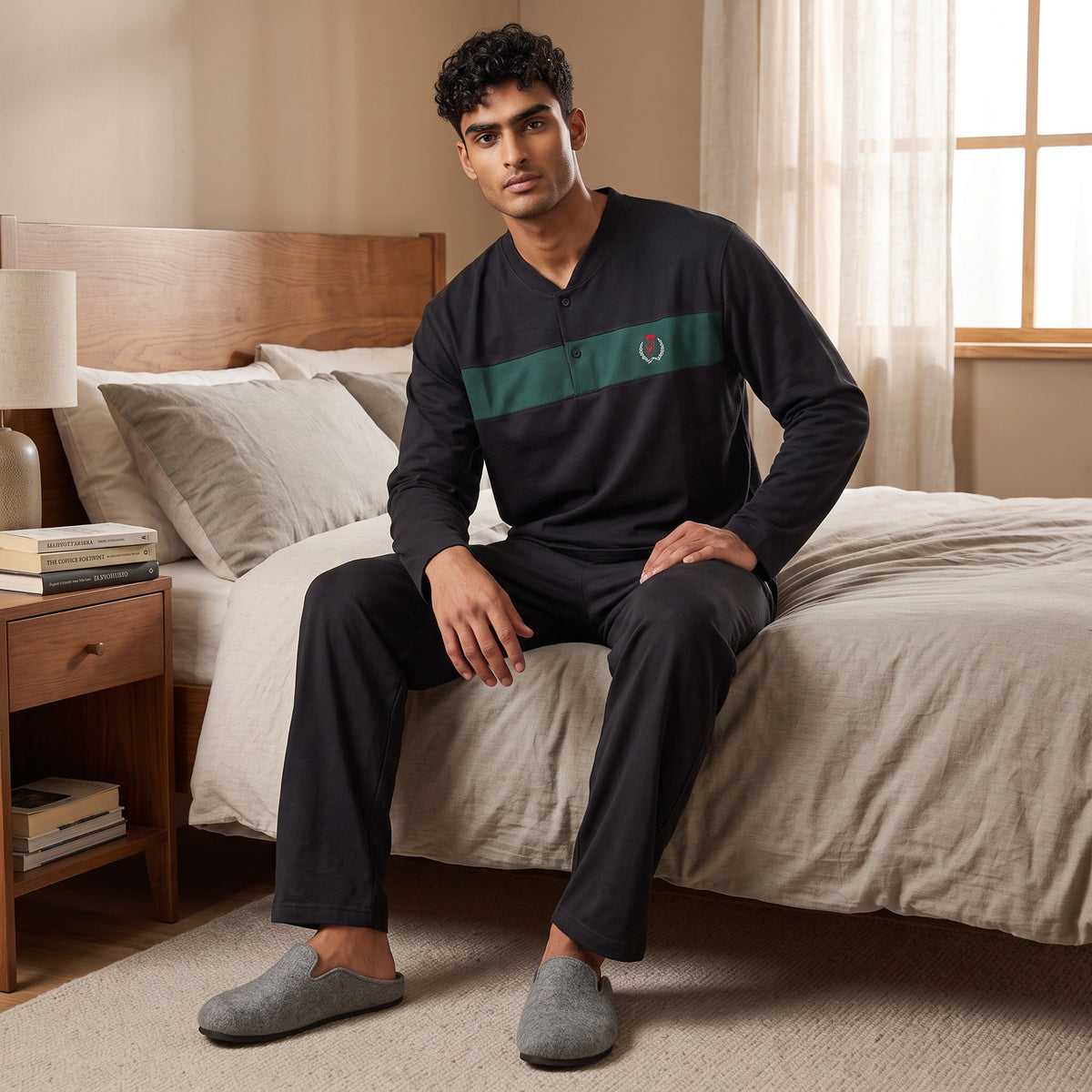 Men's black henley pyjama top with a green chest panel and plain black bottoms