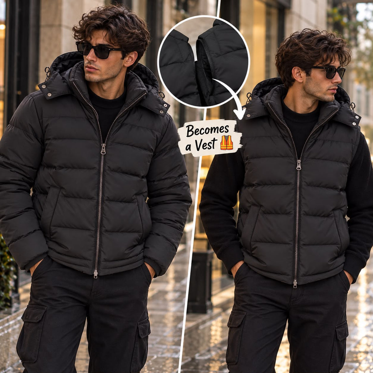 Man in the black puffer shown as a full jacket and as a sleeveless vest over a black jumper