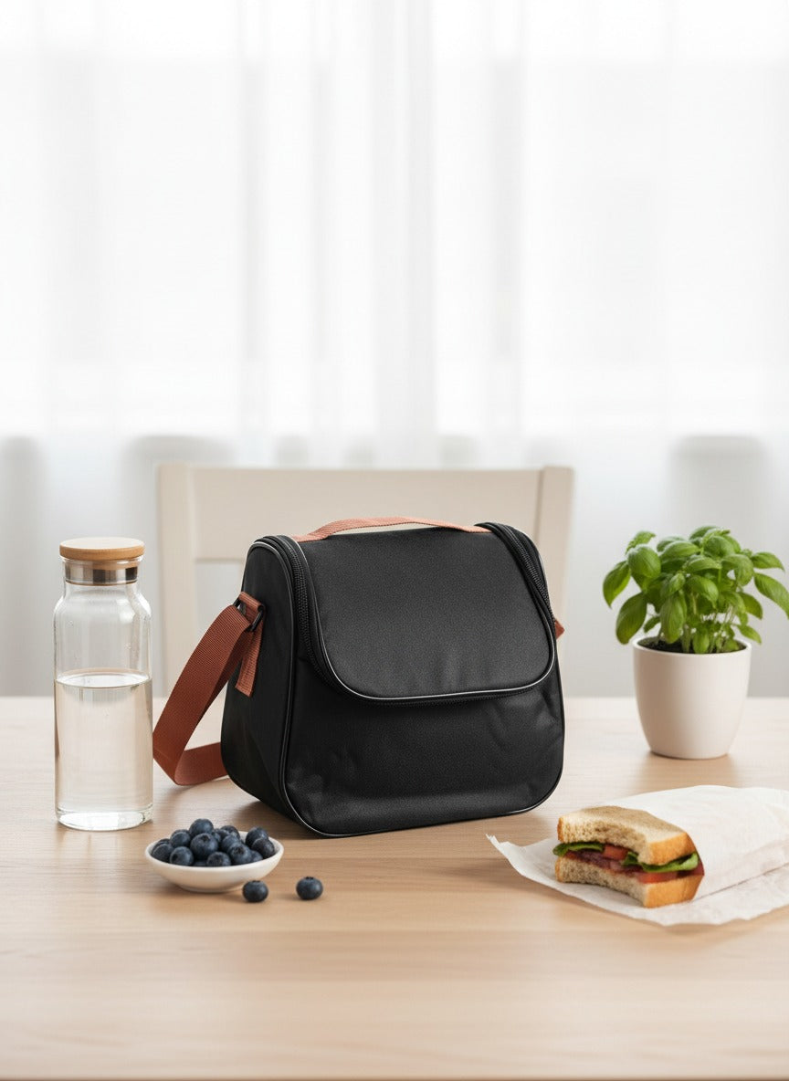 Black bag on a table with a water bottle, bowl of blueberries, and sandwich