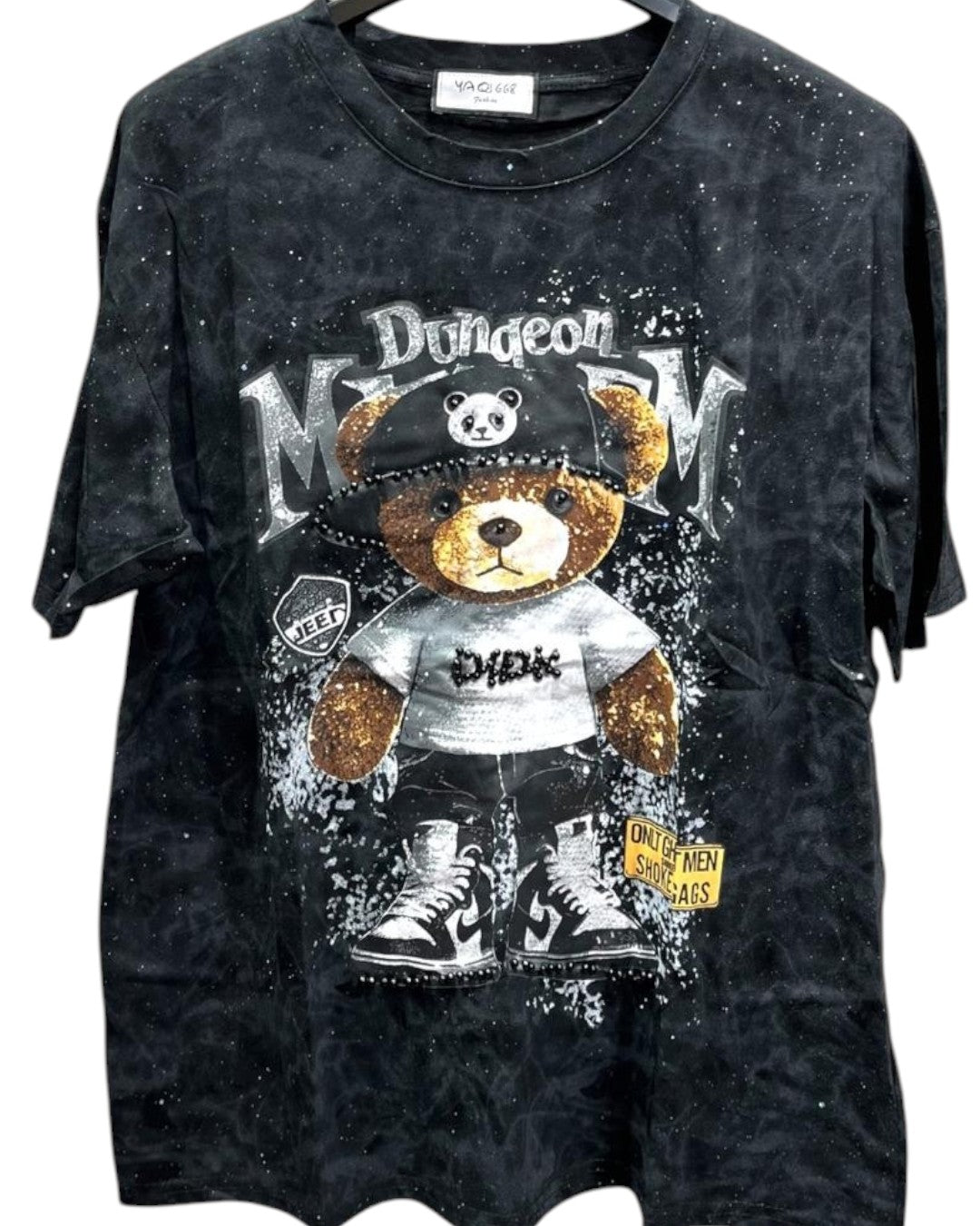 Black tie-dye effect tshirt with a graphic of a bear wearing a hat and the text 'Dungeon'