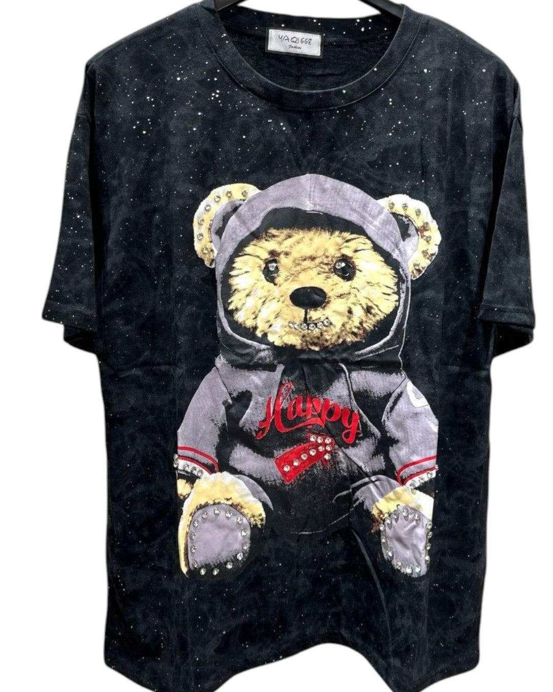 Oversized black tshirt with a graphic of a hooded teddy bear wearing a hoodie with the text 'HAPPY' on the front