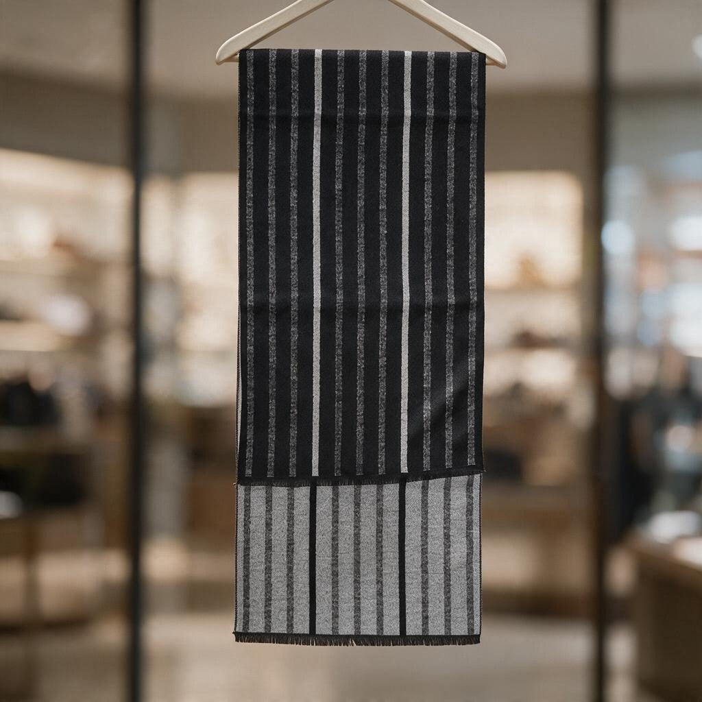 Black scarf with thin grey vertical stripes folded over a hanger, showing a grey striped reverse