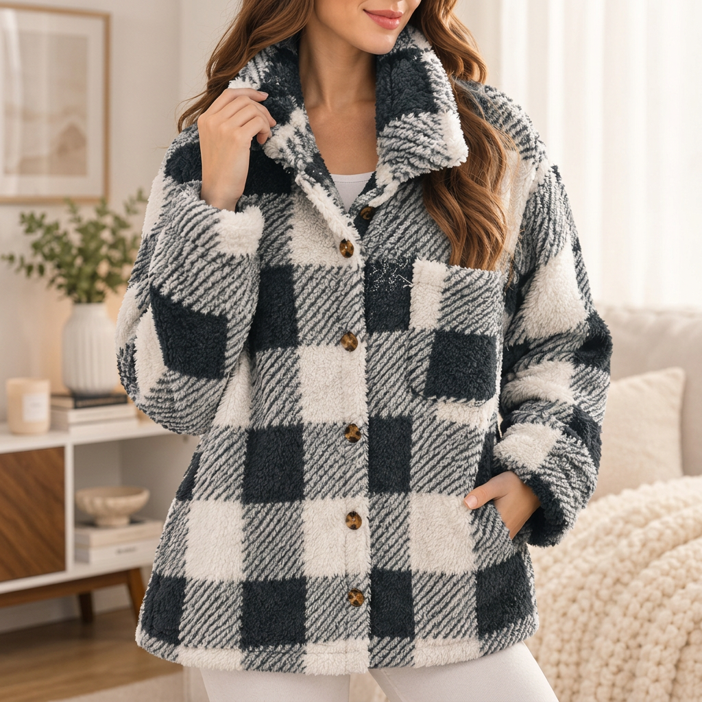 Woman in a black and white plaid sherpa jacket with one hand in a side pocket