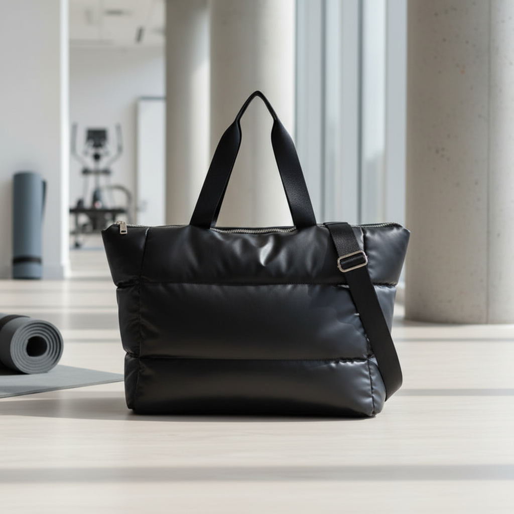 Black puffer bag on a light wooden floor with a blurred indoor background