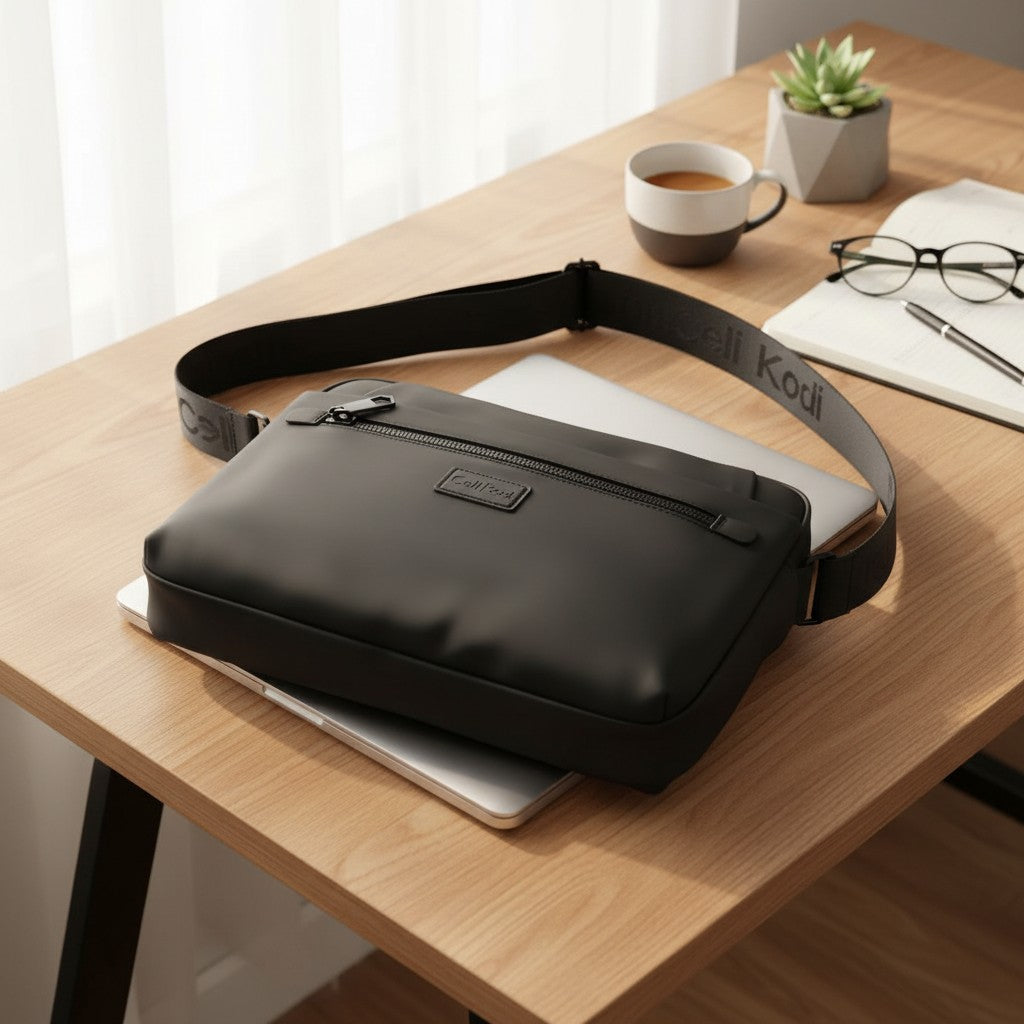 Black crossbody bag on a wooden desk with a laptop, glasses, and a cup of coffee