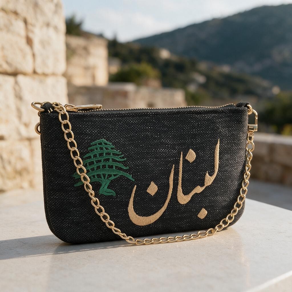 Speckled black clutch with a chunky gold chain, set by a limestone wall with green slopes behind