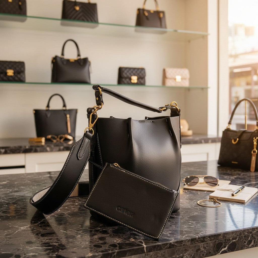 Black handbag with matching wallet on a marble surface, with shelves of handbags in the background.