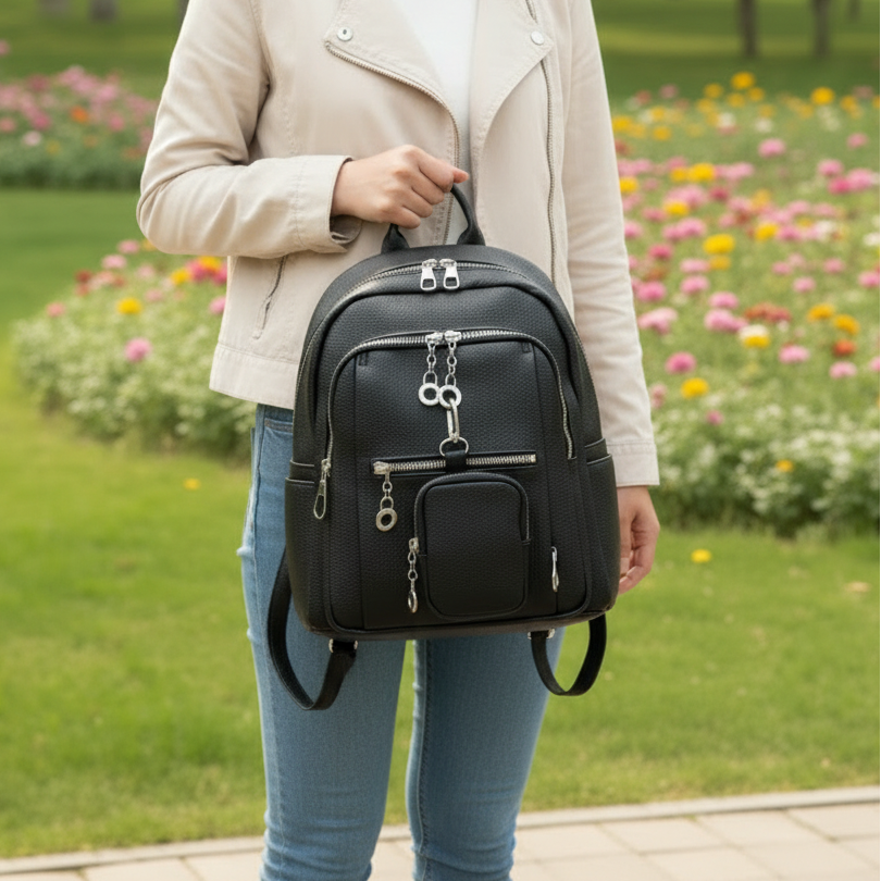 Person holding a black urban backpack in a park with flowers in the background