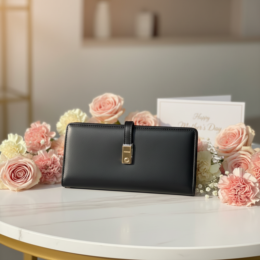 Black wallet on a table with pink flowers and a 'Happy Mother's Day' card in the background