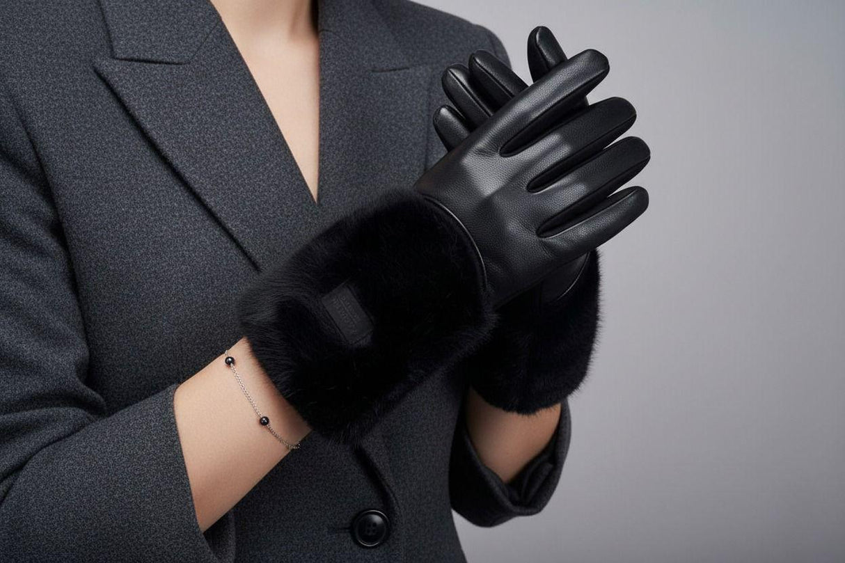 Person wearing black leather gloves with a grey background