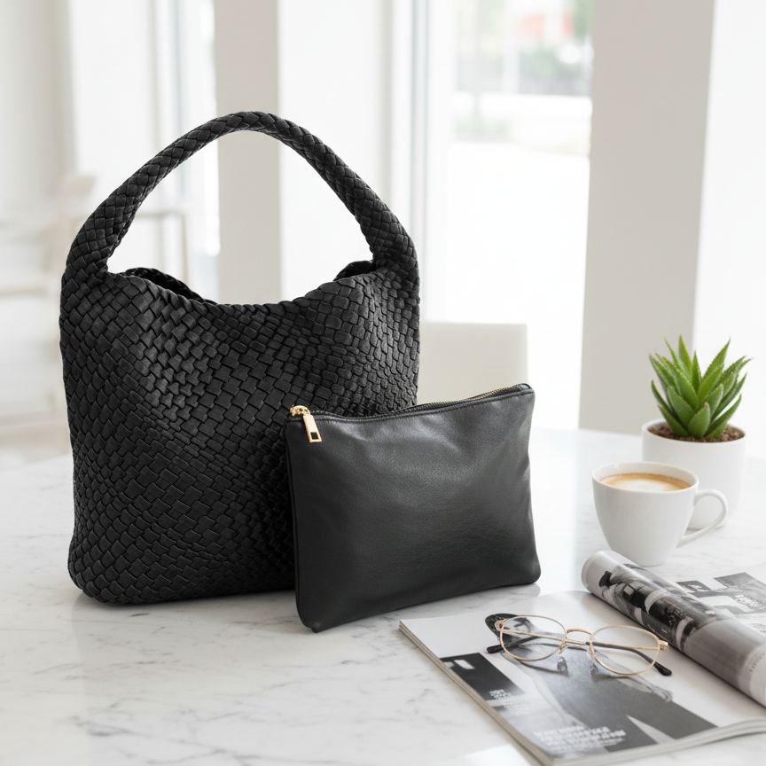 Black woven handbag and clutch on a marble surface with a cup of coffee and newspaper in the background