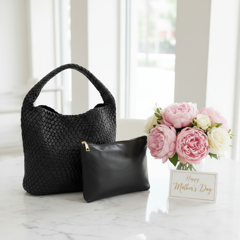 Black woven handbag and clutch with pink flowers and 'Happy Mother's Day' card on marble surface