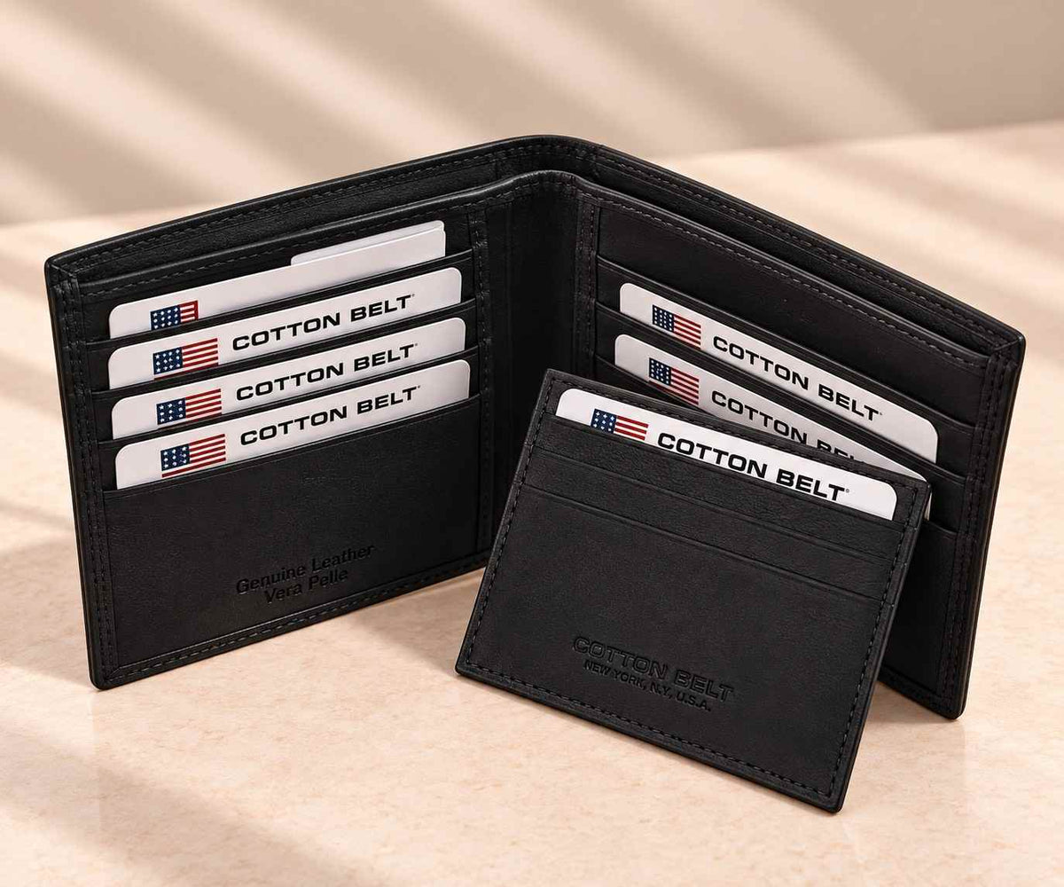 Card holder propped against the open black bifold, both panels lined with cards