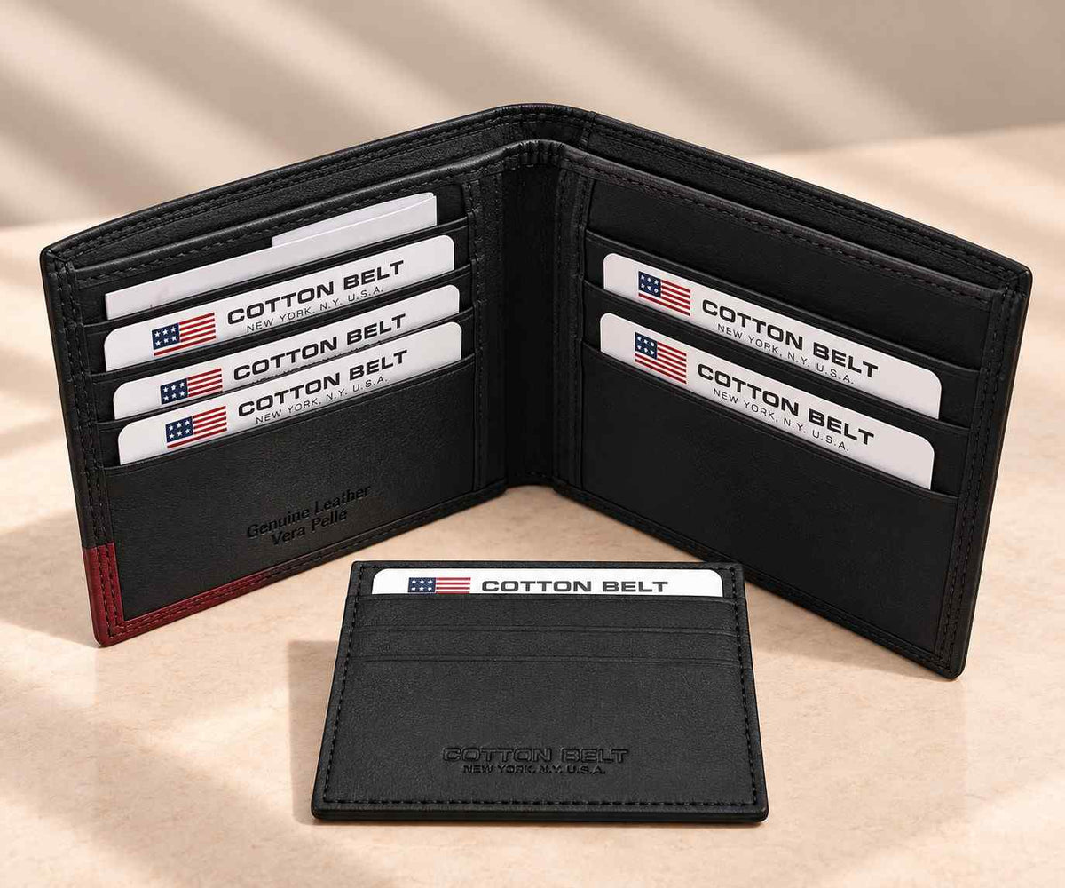 Smooth black wallet with a wine red corner detail and a slim card sleeve in front