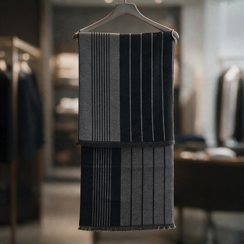 Scarf in black and grey colour blocks with thin contrast stripes folded over a hanger
