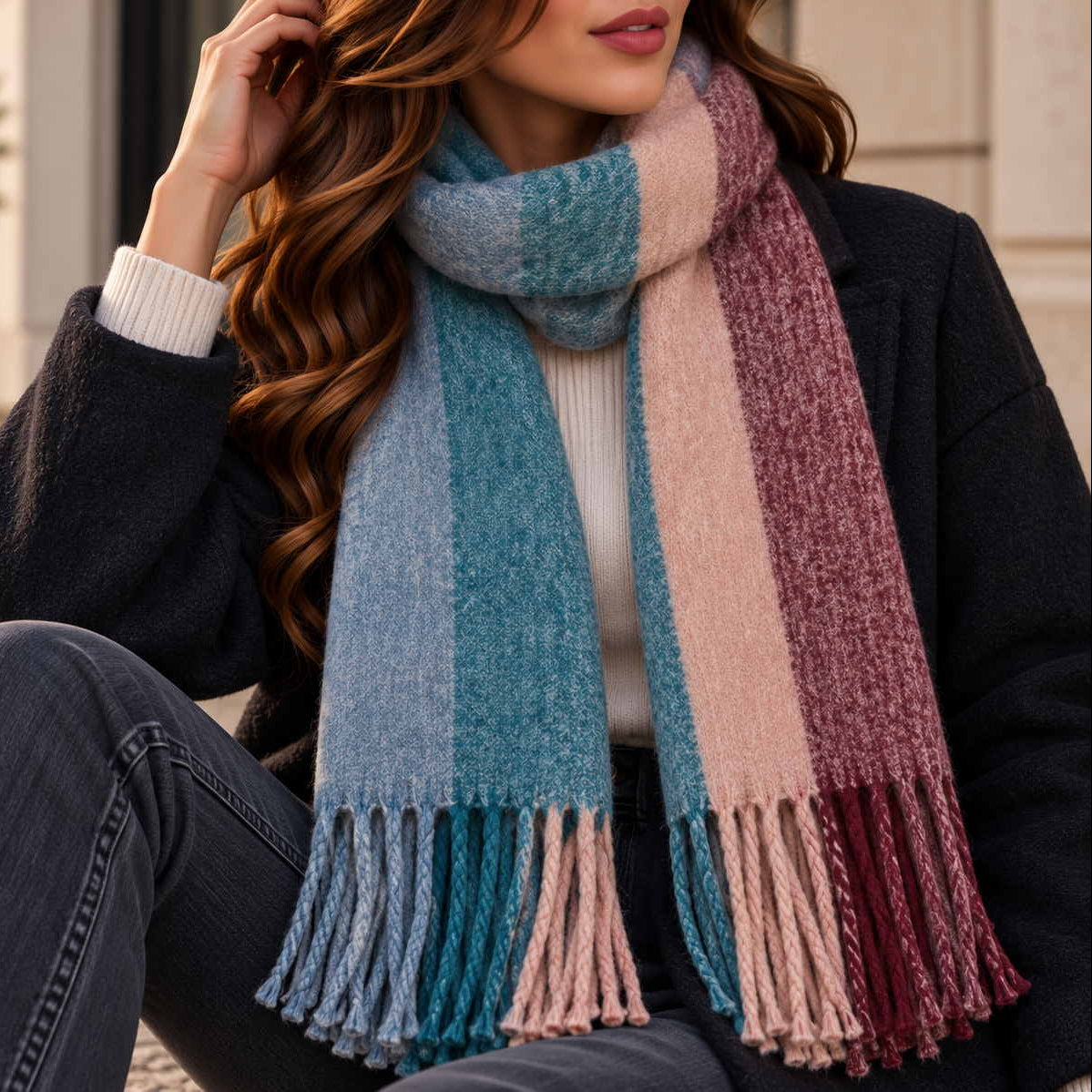 Blanket scarf striped in pale blue, teal, blush and berry with twisted tassels