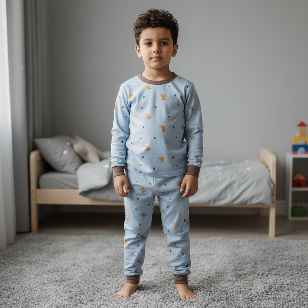 Boy in a light blue animal print pyjama set with brown cuffs, Jack Gifts Online Lebanon