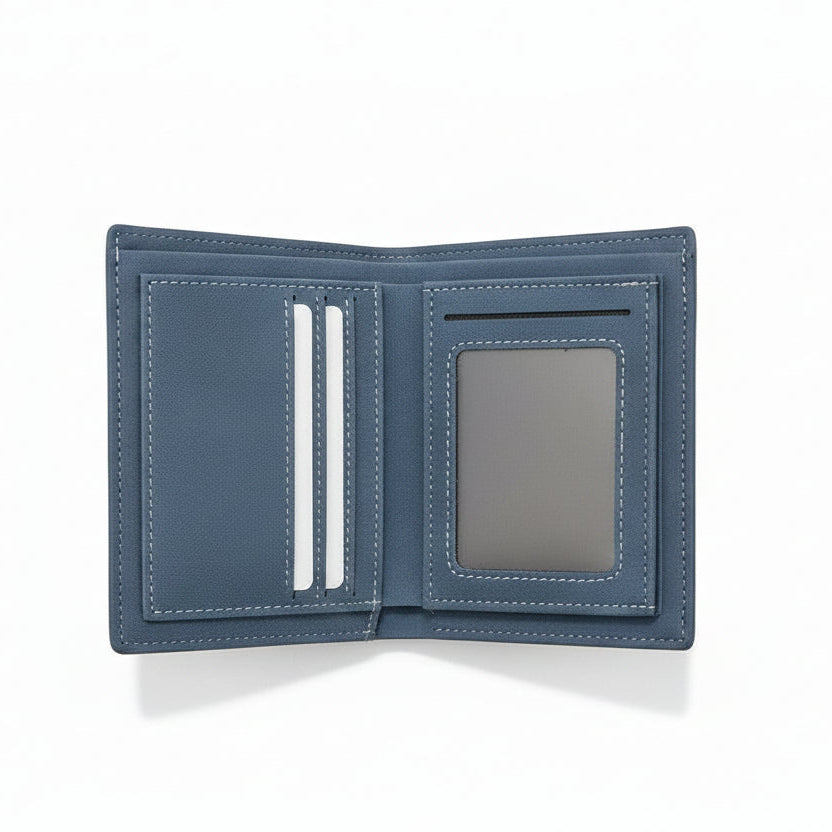 Blue leather wallet opened on a white background