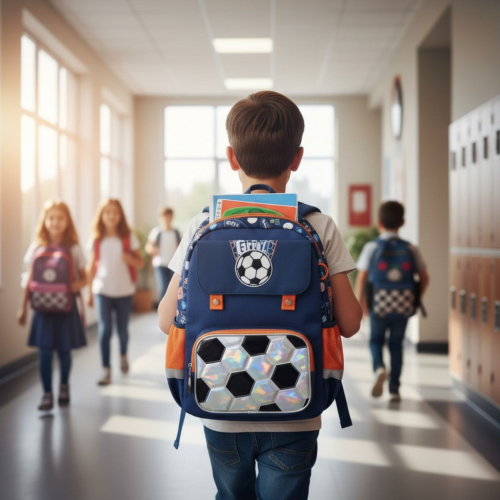 Boy wearing a navy blue football school backpack with orange trim – Jack Gifts Online Lebanon