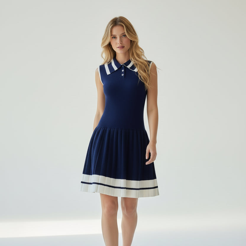 Woman wearing a blue dress with white accents on a plain background
