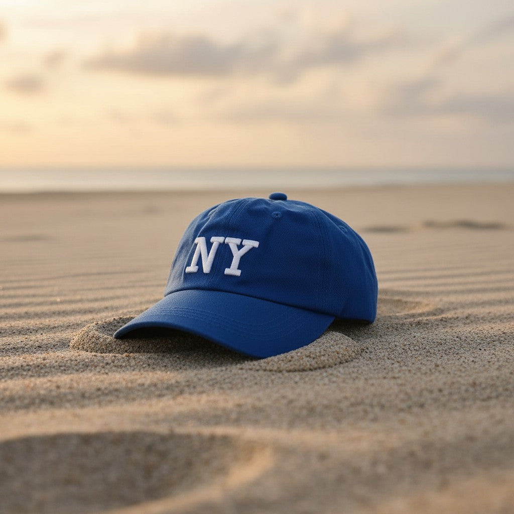 Royal blue embroidered cotton cap resting on rippled sand at dusk