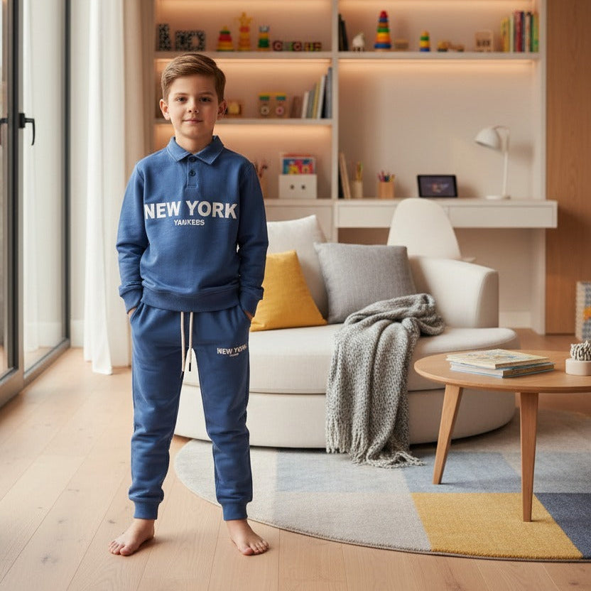 Boys blue collared sweatshirt with a New York print and matching blue joggers, lounge set