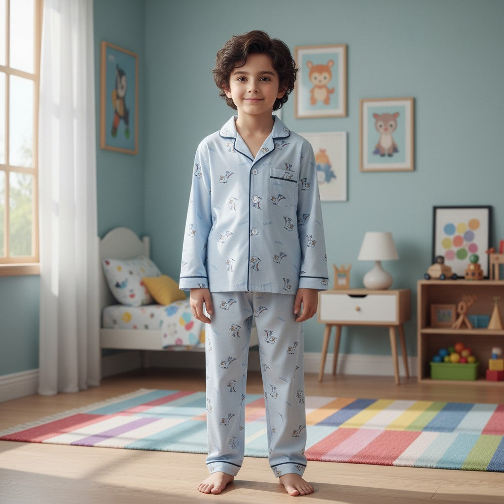 Boy in a light blue button through pyjama set with navy piping, Jack Gifts Online Lebanon