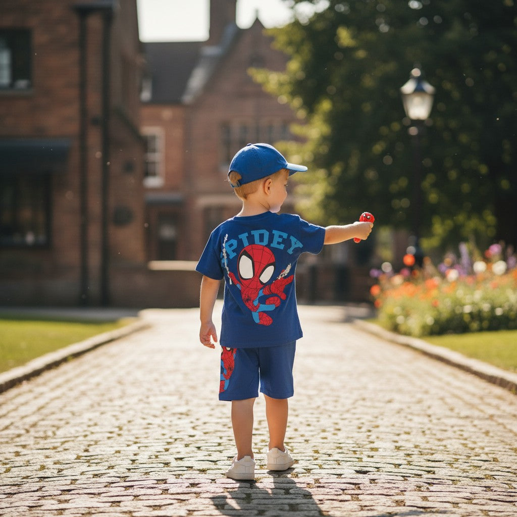 Blue Spiderman print tee and matching shorts set for boys
