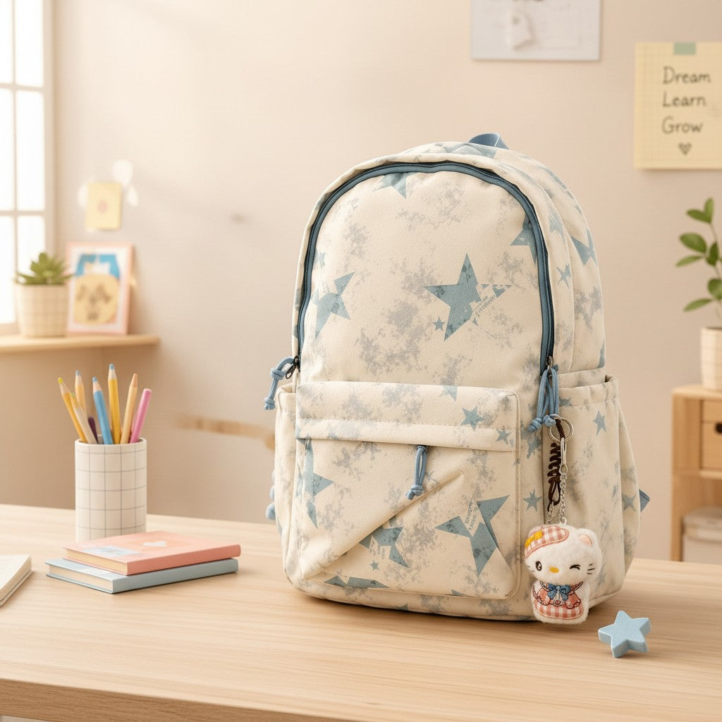 Cream school backpack with dusty blue star print for girls, Jack Gifts Online Lebanon