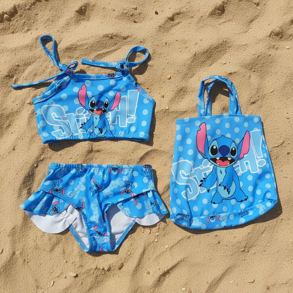 Blue polka dot Stitch print swimsuit top and bottom flat lay with matching tote bag