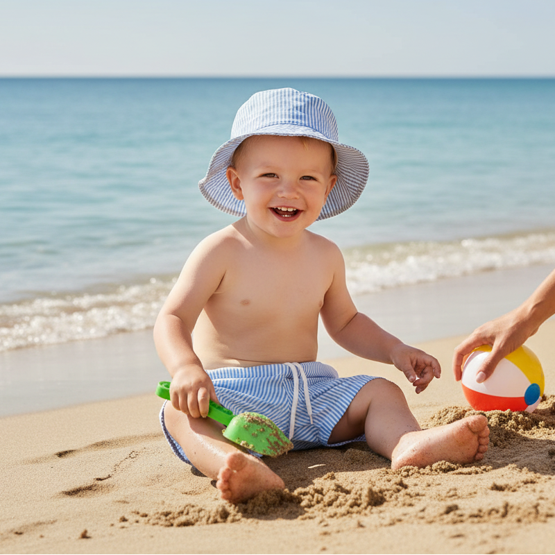 A baby wearing a light blue and white striped sun hat and matching swim trunks sits on a sandy beach playing with a green shovel