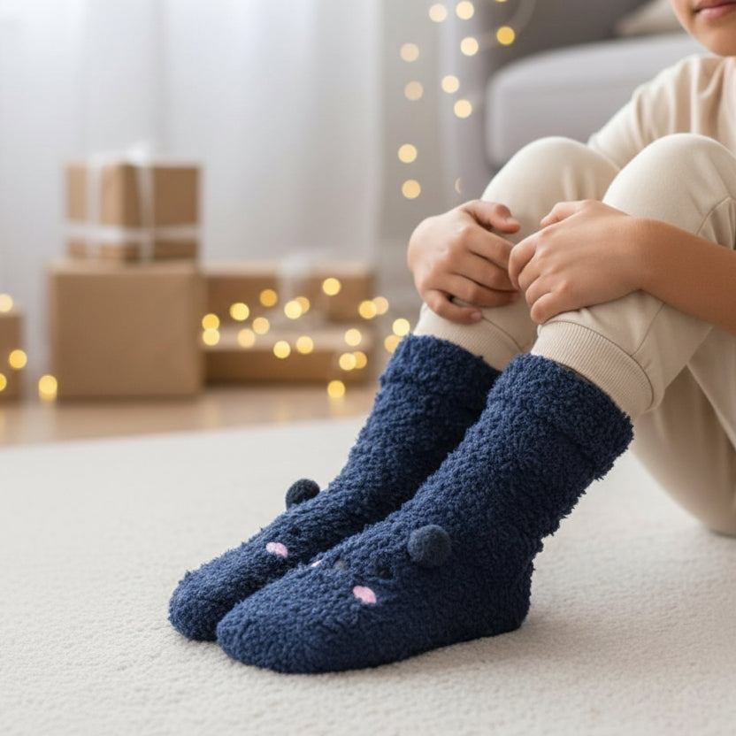 Person wearing blue fuzzy socks with animal faces in a cozy indoor setting.