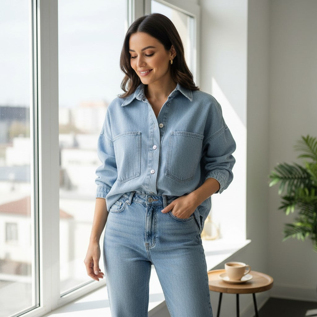 Woman wearing a light blue denim outfit standing in a bright room with large windows