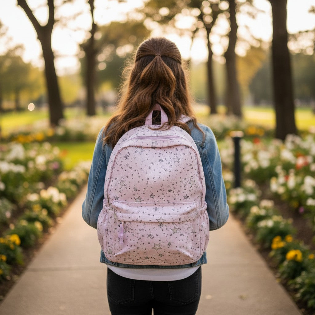 Blush pink backpack with silver star and sparkle print, Jack Gifts Online Lebanon